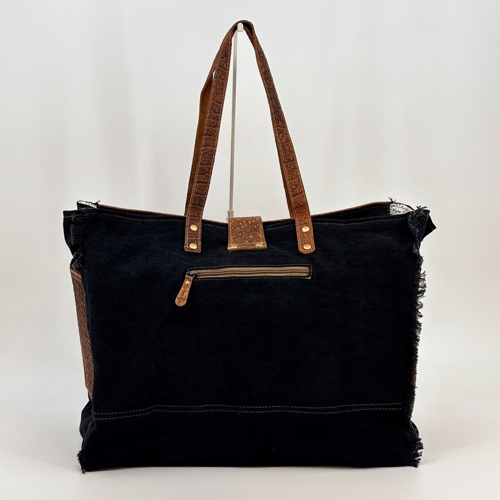 Myra Asher Weekender Bag Women's Brown Cowhide Leather Denim S-6780 Boho New - Picture 9 of 14